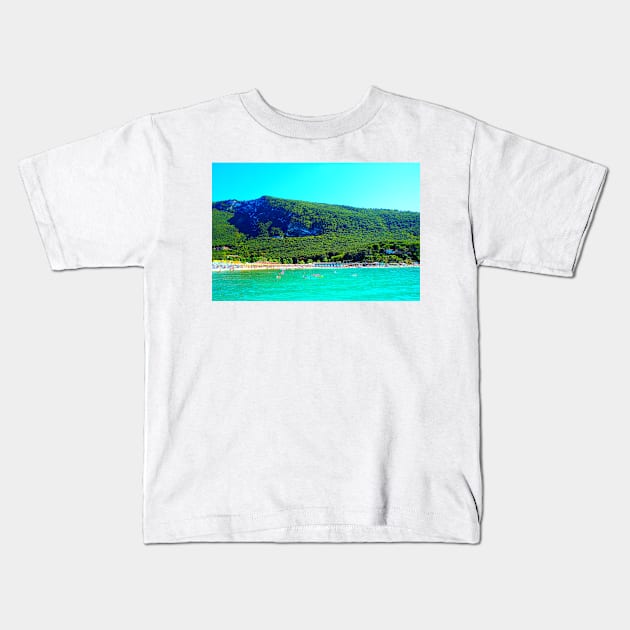 View from Molo Portonovo at the Adriatic Sea with waters, beach, equipment Kids T-Shirt by KristinaDrozd